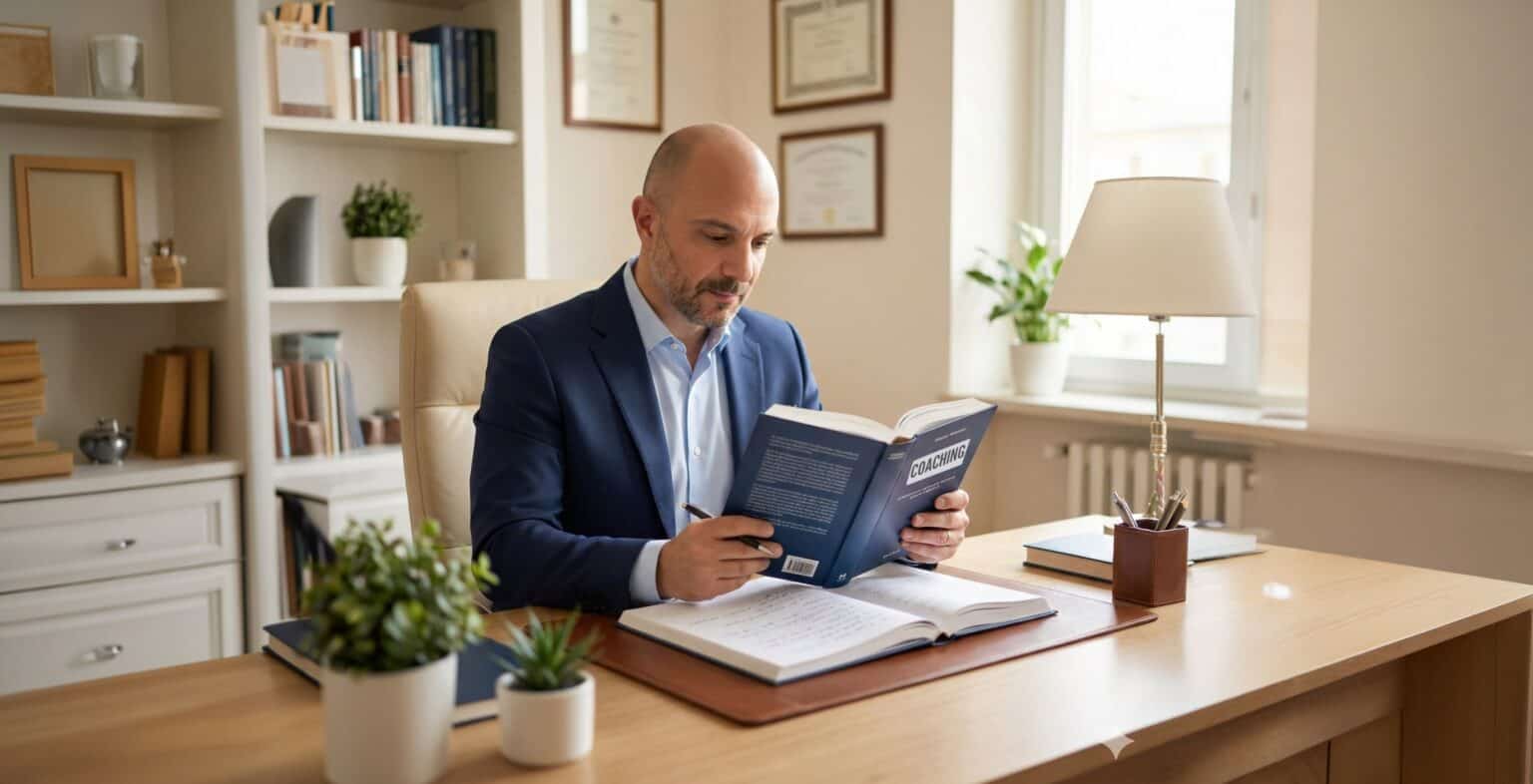 Uomo che legge un libro sul counseling in ufficio.