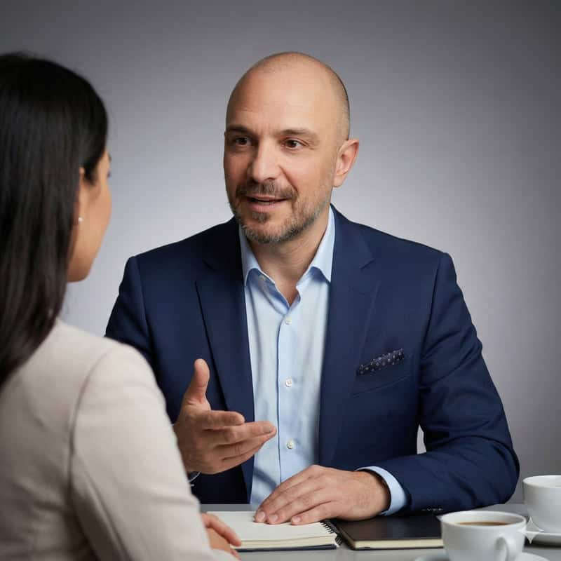 Consulente aziendale che discute strategie con cliente in ufficio.